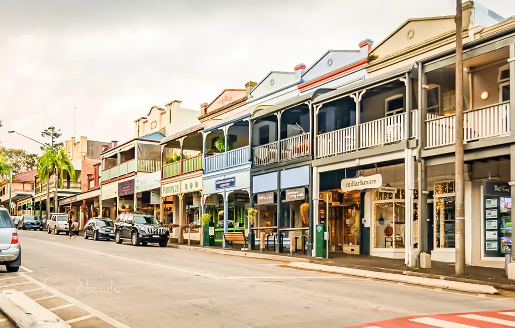 Bangalow village main street — heritage shopfronts and verandahs