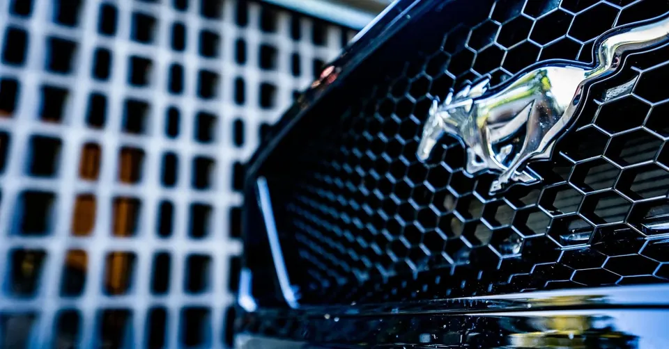 the mustang framed by breeze block